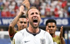 England captain Harry Kane celebrates after scoring the goals that saw England defeat DR Congo 2-1