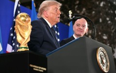 US President Donald Trump with FIFA chief Gianni Infantino at a reception at Trump Tower in New York