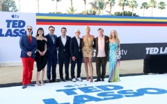 Stars of 'Ted Lasso' gather with Apple CEO Tim Cook at a Los Angeles premiere of the show's fourth season include (L-R): Brendan Hunt, Tanya Reynolds, Jason Sudeikis, John Ternus, Cook, Hannah Waddingham, Jeremy Swift and Juno Temple