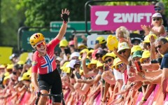 Norwegian rider Sigrid Haugset celebrates her win on stage three of the Tour de France Femmes