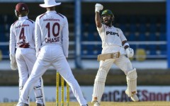 Pakistan batsman Abdullah Shafique (R) celebrates his century late on the second day against the West Indies