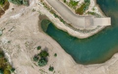The partially dried-up river bed of the Rhine in Duisburg, western Germany on August 3, 2026, 2026, following exceptionally hot weather