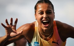 Switzerland's Audrey Werro celebrates after winning the 800m at the Paris Diamond League
