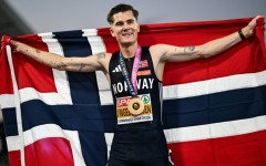 Norway's Jakob Ingebrigtsen celebrates after winning the men's 5,000m at the European Athletics Championships