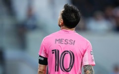 Inter Miami's Argentine superstar Lionel Messi reacts during their Leagues Cup loss to Mexican club Leon