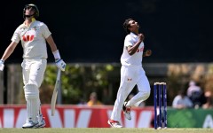 Bangladesh bowler Hasan Mahmud celebrates dismissing Pat Cummins