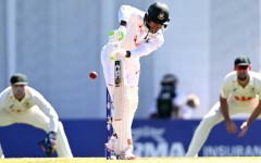 Tanzid Hasan plays a shot on the second day of the first Test