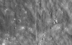 The moon's surface before (L) and after (R) it was struck by a SpaceX rocket leaving a crater that is 60 feet wide and 10 feet deep