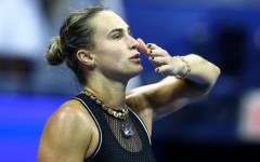 Belarus's Aryna Sabalenka celebrates after defeating Russia's Polina Iatcenko to advance to the third round of the US Open