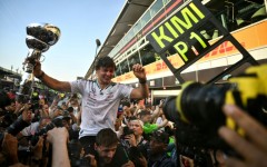Kimi Antonelli celebrates with with his Mercedes team after coming from 19th on the grid to win the Italian GP