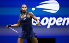 Coco Gauff strikes a forehand on the way to a straight-set win over fellow American Iva Jovic to reach the quarter-finals of the US Open