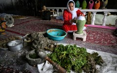 A Kashmiri artisan uses dried aquatic weeds and grass collected from Dal Lake to create sustainable handcrafted papier-mache at a workshop in Srinagar on August 19, 2026