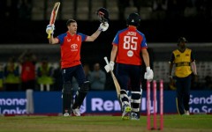 England captain Harry Brook celebrates his century during the first T20 against Sri Lanka at Southampton