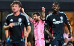 Lionel Messi celebrates after after scoring for Inter Miami but the MLS champions were frustrated in a 2-2 draw with San Diego