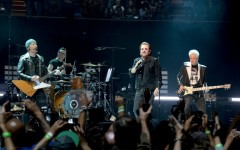 Irish rockers U2 - comprising Bono, The Edge, Adam Clayton and Larry Mullen Jr. - perform at The Forum in Inglewood, California in 2018
