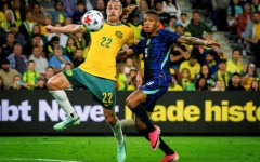 Brazil's Danilo Santos (R) and Australia's Jackson Irvine compete for the ball during the international friendly football match between Australia and Brazil at Suncorp Stadium in Brisbane on September 29, 2026.