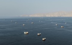 Ships anchored off the coast of Musandam governorate in Oman near the Strait of Hormuz on Friday