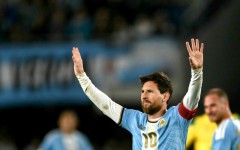 Lionel Messi celebrates scoring in his final international appearance for Argentina