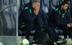 Republic of Ireland's head coach Heimir Hallgrimsson (L) during the UEFA Nations League match against Israel in Backa Topola, Serbia