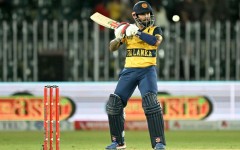 Sri Lanka's captain Kusal Mendis plays a shot during the third T20 international cricket match between Pakistan and Sri Lanka at the Rawalpindi Cricket Stadium