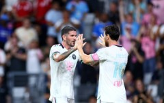 Rodrigo De Paul celebrates scoring a goal set up by Inter Miami teammate Lionel Messi