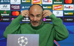 Manchester City manager manager Enzo Maresca reacts during a press conference on the eve of a UEFA Champions League tie against AEK Athens