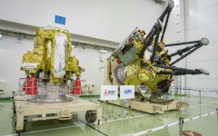 Two modules that make up the Martian Moons eXploration (MMX) spacecraft, which launched on October 20, 2026, are seen at the Tanegashima Space Center in Japan's Kagoshima prefecture two months prior to the launch