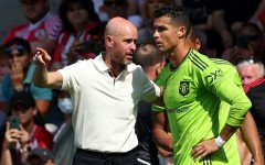 Former Manchester United manager Erik ten Hag speaking to Cristiano Ronaldo