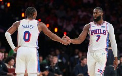 Tyrese Maxey celebrates with Philadelphia 76ers team-mate Jaylen Brown in their win over Milwaukee