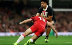 New Zealand's Leicester Fainga'anuku runs with the ball during the Autumn Nations Series International rugby union test match between Wales and New Zealand at the Principality Stadium, in Cardiff on November 22, 2025