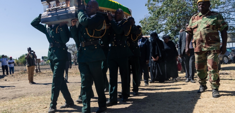 The coffin of former president of Zimbabwe Robert Mugabe arrives for his burial at his home village in Kutama, on 28 September 2019. 