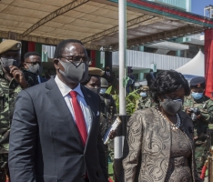 Malawi's President elect Lazarus Chakwera (L) and First Lady Monica Chakwera (R), leaves his inauguration at the Kamuzu Baracks, the Malawi Defence Force Headquarters, in Lilongwe on July 6, 2020.