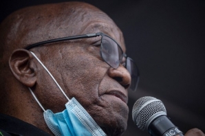Former South African president Jacob Zuma addresses his supporters in front of his rural home in Nkandla on July 4, 2020 