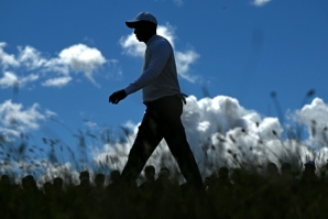 US golfer Tiger Woods walks from the 14th tee in the second round of the 150th Open Championship at St. Andrews