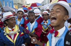 Members of a minstrel troupe perform during a march in the city centre during the annual "Tweede Nuwe Jaar" (Second New Year) Cape Town Minstrels Parade on January 4, 2019, in Cape Town. 