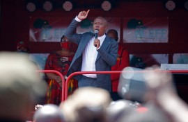 Economic Freedom Fighters (EFF) leader Julius Malema addresses his supporters outside the Randburg Magistrate Court, near Johannesburg, on October 13, 2020. 