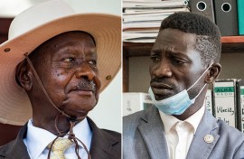 Uganda's President Yoweri Museveni (L) and Ugandan musician-turned-politician Robert Kyagulanyi (R), also known as Bobi Wine.