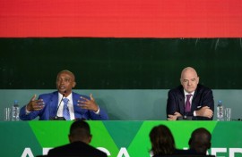 CAF president Patrice Motsepe (L) and FIFA boss Gianni Infantino at the launch of the Africa Super League in Arusha, Tanzania, on August 10, 2022.
