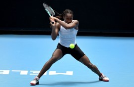 Coco Gauff of the US hits a return during a practice session ahead of the Australian Open tennis tournament in Melbourne