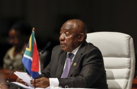 President Cyril Ramaphosa delivers his remarks at the plenary session during the 2023 BRICS Summit. AFP/Pool