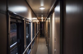 An empty corridor on the Shosholoza Meyl train.
