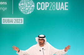 COP28 president Sultan Ahmed Al Jaber speaks during a press conference at the United Nations climate summit in Dubai. AFP/Karim Sahib 