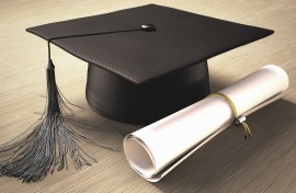 Graduation certificate and mortar board.