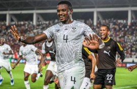 South Africa's midfielder #4 Teboho Mokoena celebrates after scoring a goal during the Africa Cup of Nations (CAN) 2024 round of 16 football match between Morocco and South Africa at the Stade Laurent Pokou in San Pedro on January 30, 2024.