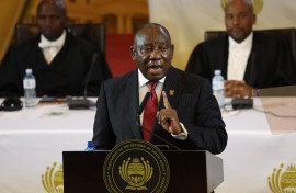 South African President Cyril Ramaphosa delivers the state of the nation address at the City Hall in Cape Town on February 8, 2024.
