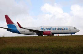 File: A Flysafair plane seen at George Airport. Wikimedia Commons/Bob Adams