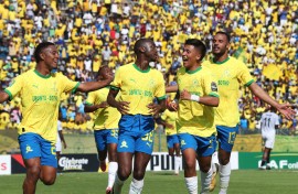 Mamelodi Sundowns players celebrate during the 2023/24 CAF Champions League Group match between Sundowns and TP Mazembe. Gavin Barker /BackpagePix
