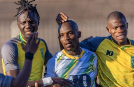 Nduduzo Sibiya of Golden Arrows (c) celebrates goal with teammates. Brian Rikhotso/BackpagePix