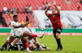 JP Smith of Emirates Lions in action with Grant Williams of Hollywoodbets Sharks. Steve Haag Sports/INPHO/Shutterstock