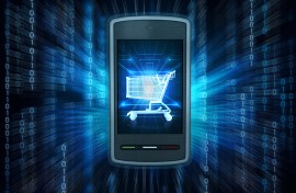 Illustration of smart phone depicting online shopping. 